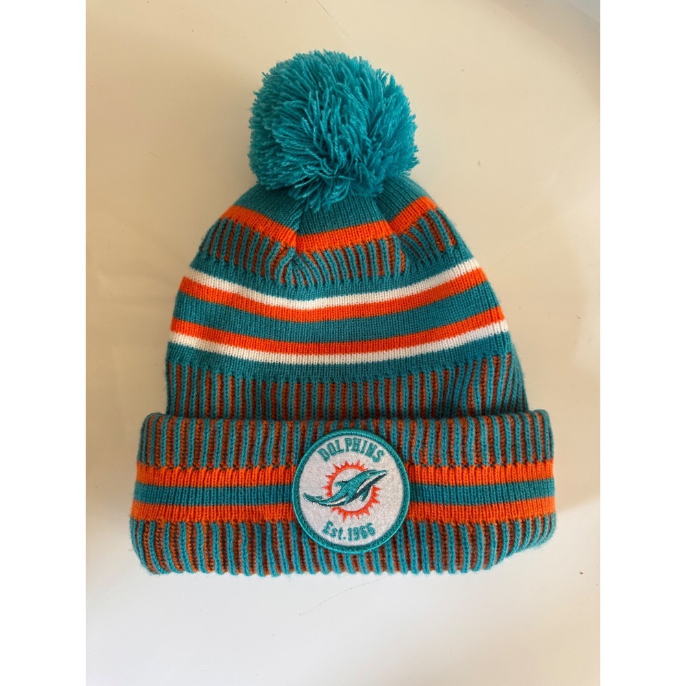 New Era Miami Dolphins NFL 100 Sideline Beanie Knit Hat Teal Orange Pom Cuffed